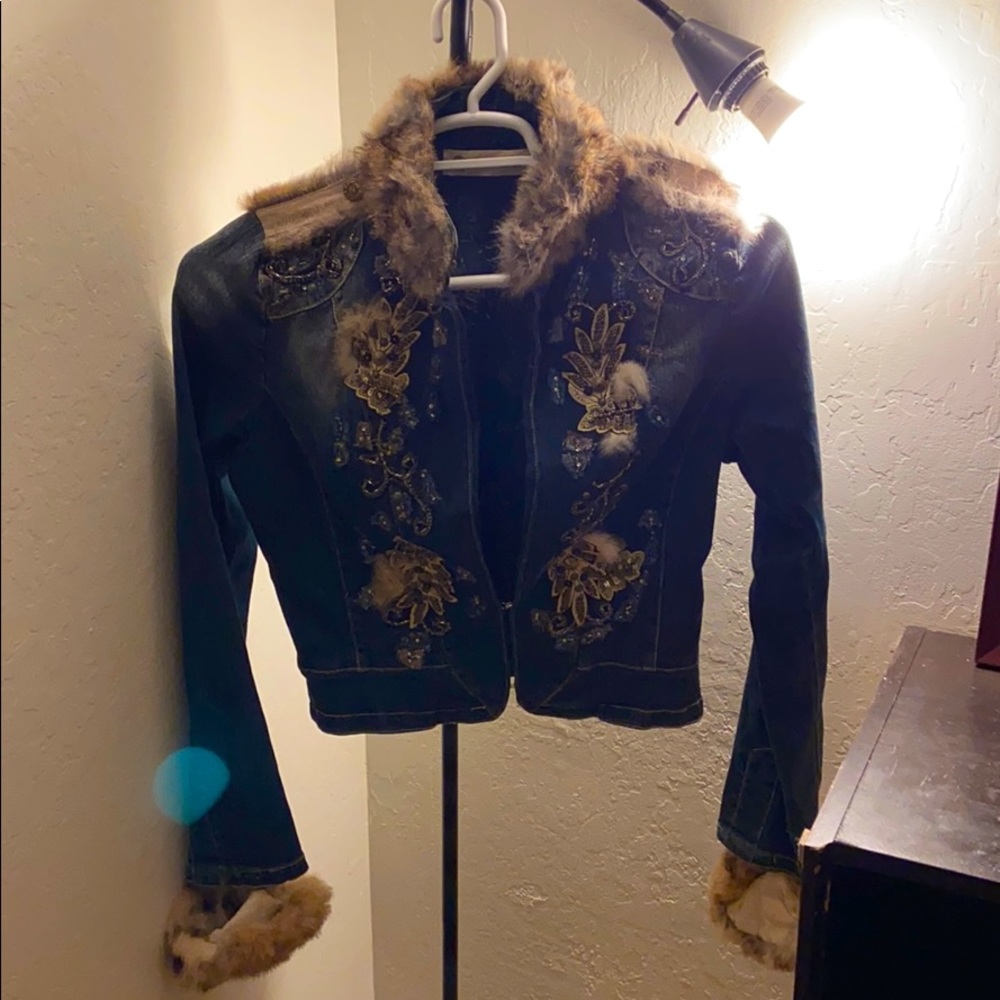 Jean jacket with real fur and Beading. Never worn